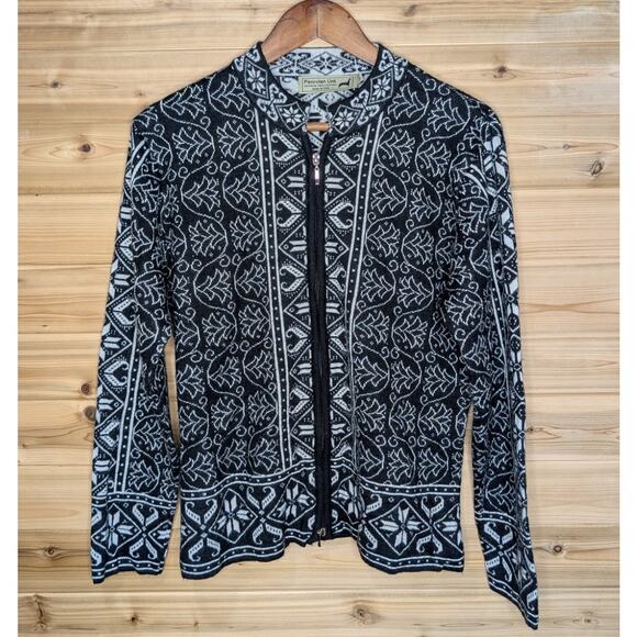 Peruvian Link Sweater Womens Large Black White Patterned Zip Front Cardigan - Picture 1 of 11